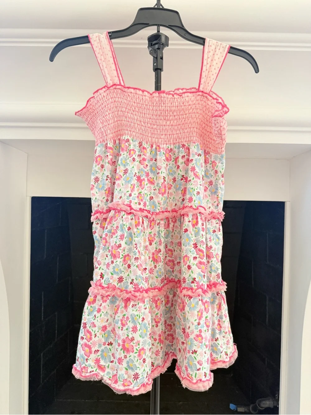 Girls Pink Floral Tiered Sundress with Smocked Bodice